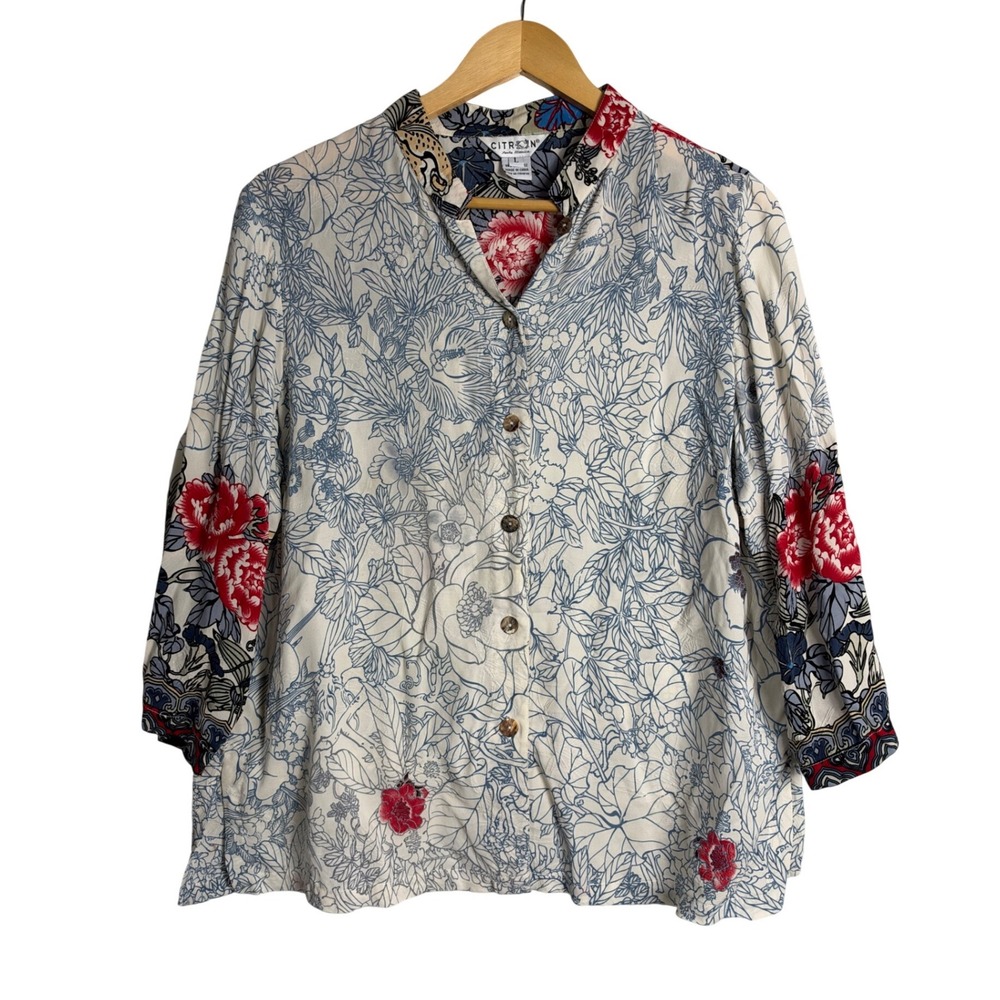 Citron Santa Monica Floral Print Button up Blouse Blue Red Large art artsy boho
